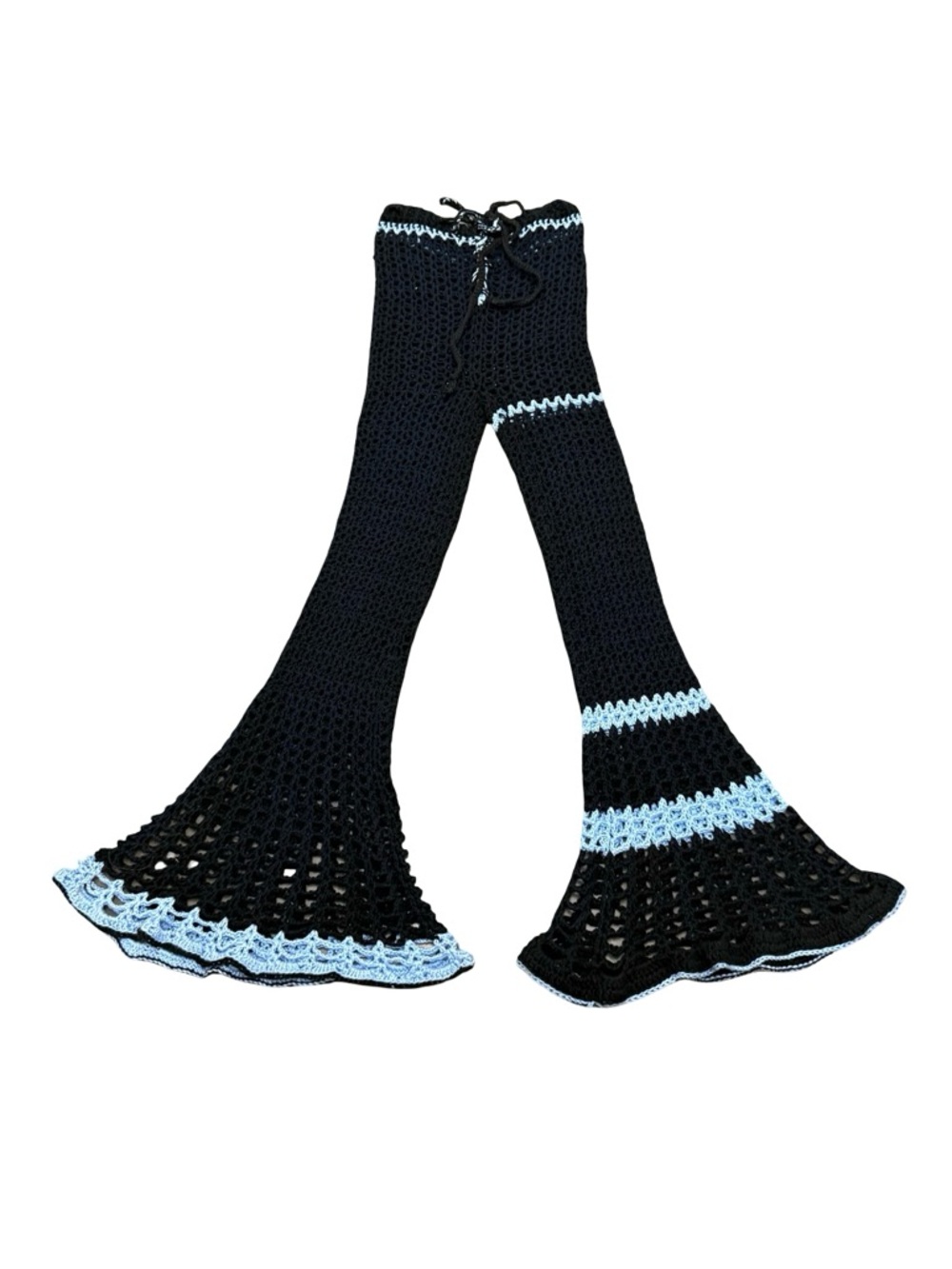 Custom-Made Crocheted Alpaca Flared Pants Black & Blue Drawstring